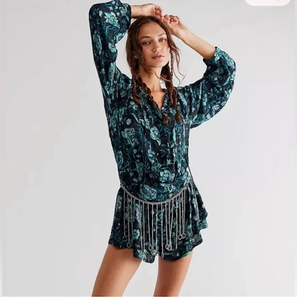 FREE PEOPLE Dance Til Dawn Romper Open Back Black Green Floral Boho Size Small